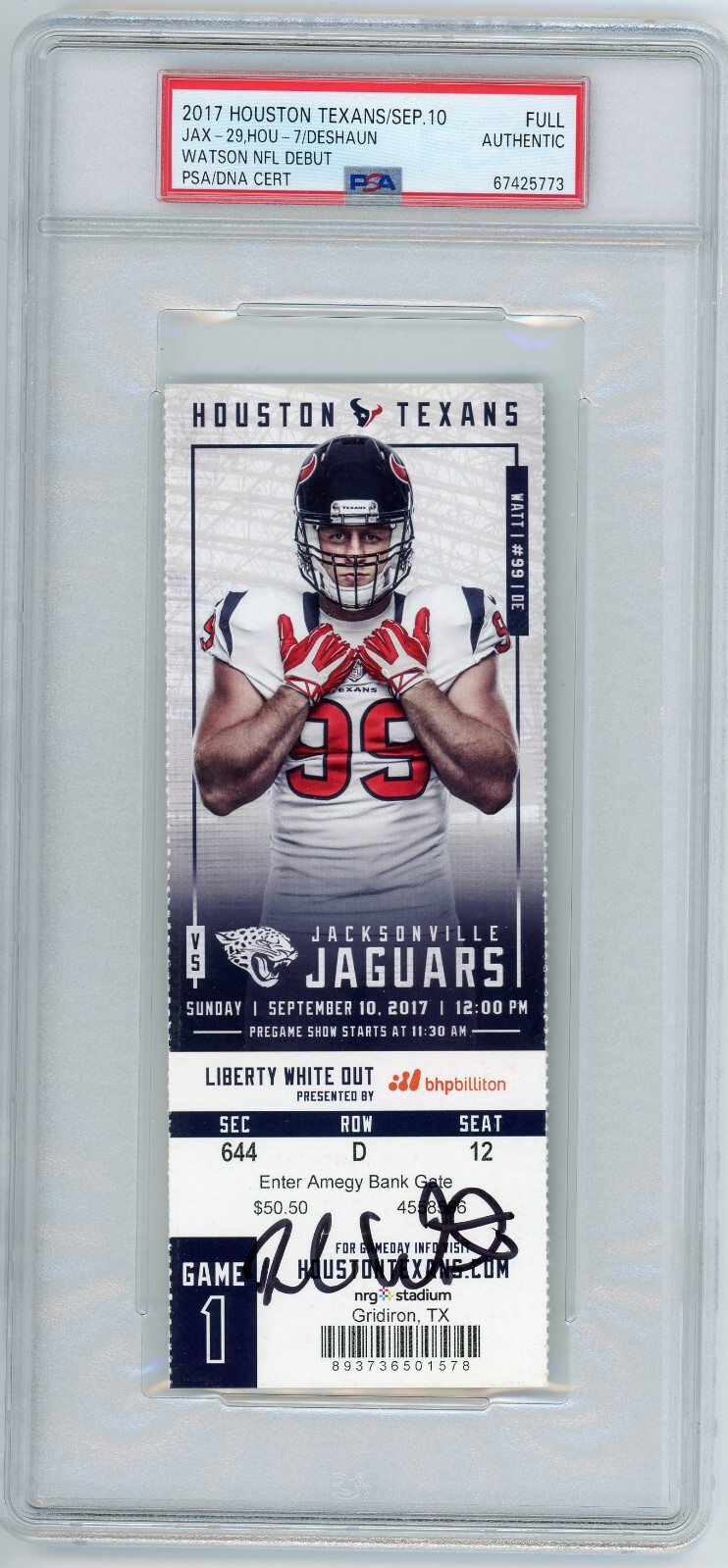 Cleveland Browns DESHAUN WATSON Signed 2017 NFL Rookie Debut Full Ticket Auto
