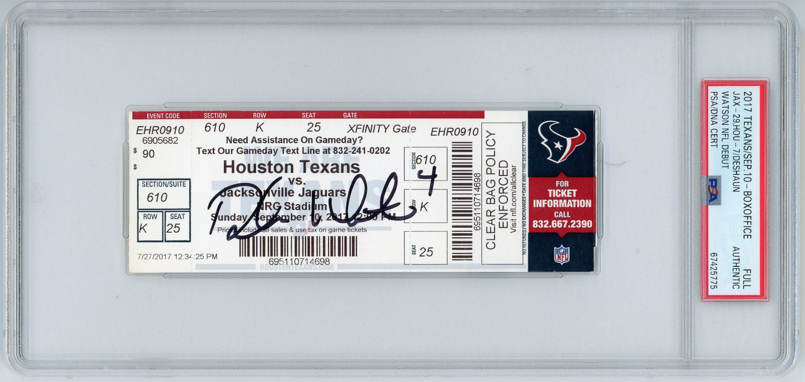 CLE Browns #4 DESHAUN WATSON Signed 2017 NFL Rookie Debut Box Office Ticket Auto
