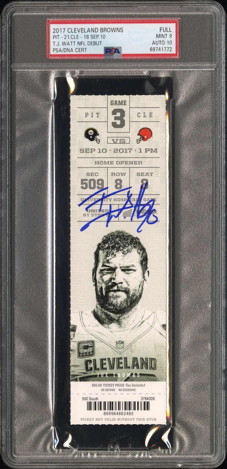 Pittsburgh Steelers TJ Watt Signed 9/10/17 NFL Rookie Debut Full Ticket PSA 9
