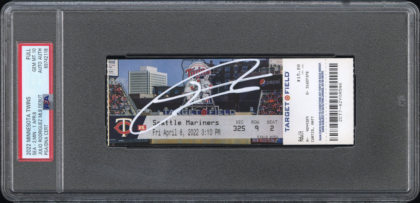 Seattle Mariners Julio Rodriguez Signed MLB Rookie Auto Debut Full Ticket PSA 10
