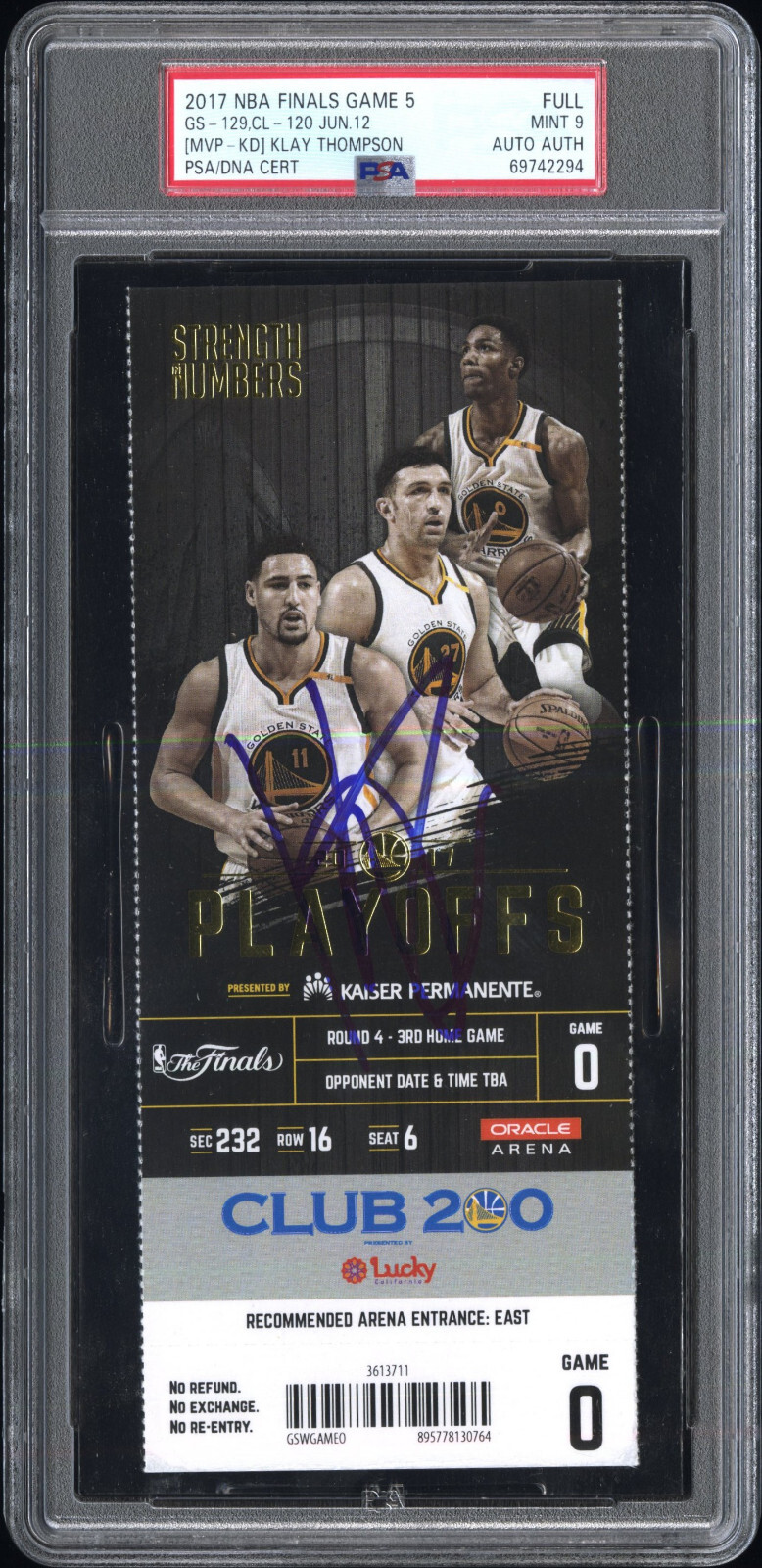 GS Warriors Klay Thompson Signed 2017 NBA Championship Full Ticket PSA MINT 9
