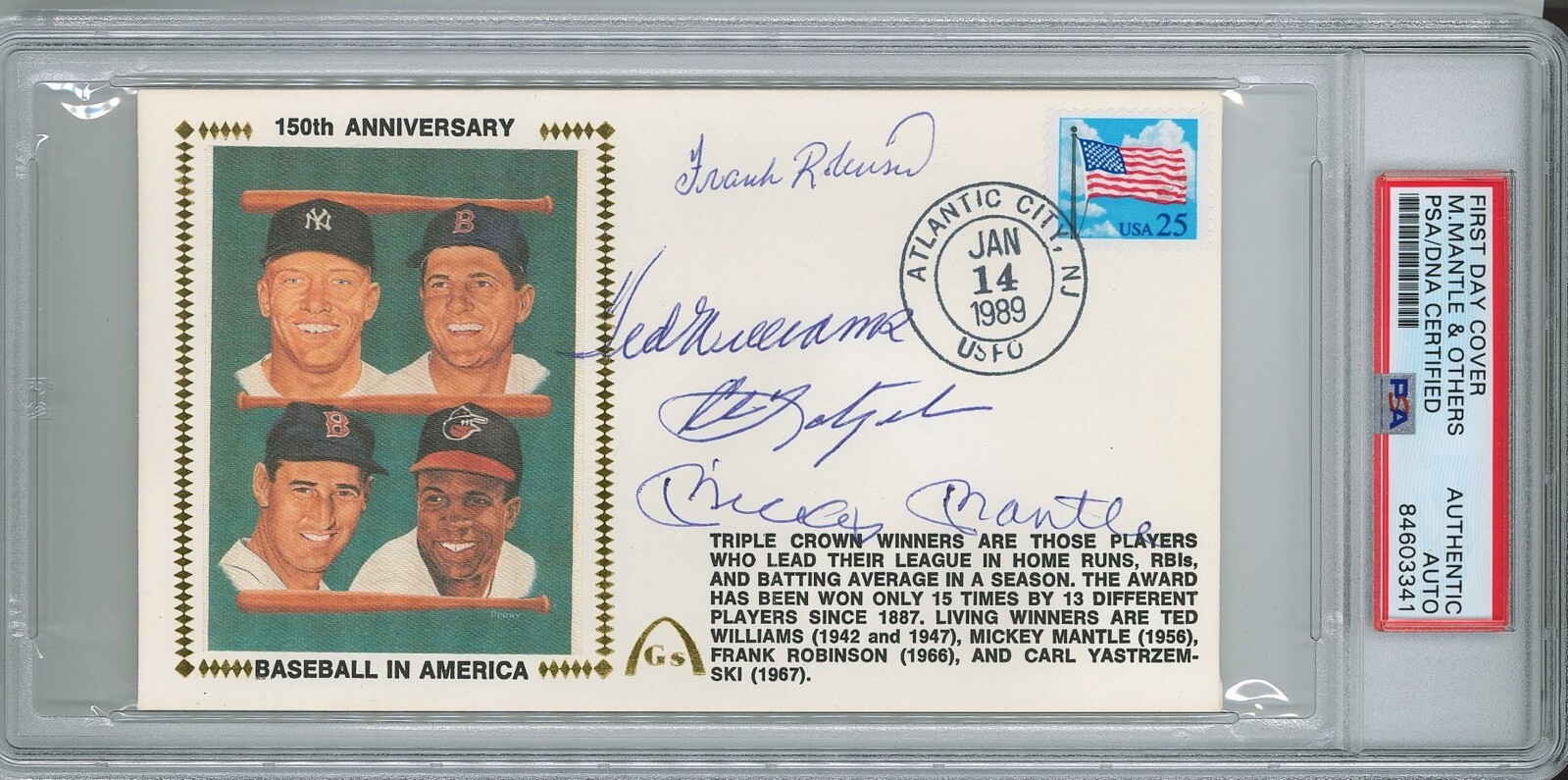 MANTLE WILLIAMS ROBINSON YAZ Signed Triple Crown First Day Cover PSA 84603341
