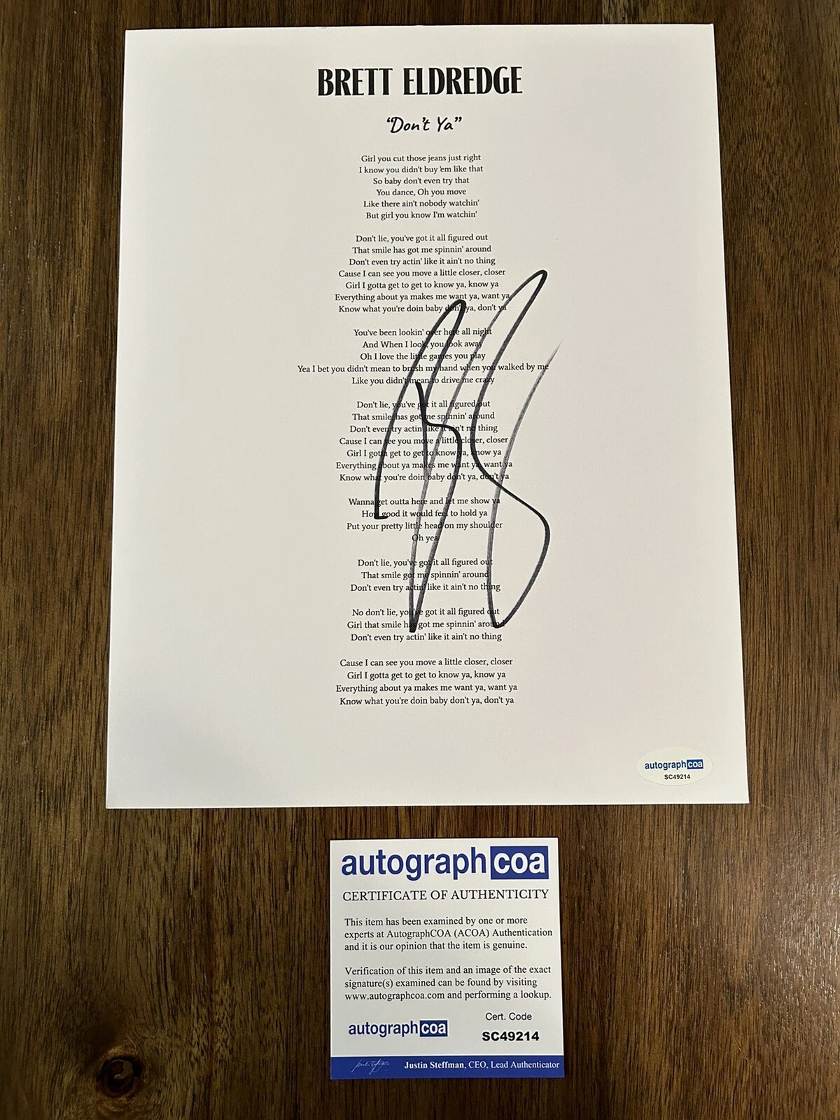 Brett Eldredge 'Don’t Ya' Signed Autograph Lyric Sheet Country Singer ACOA
