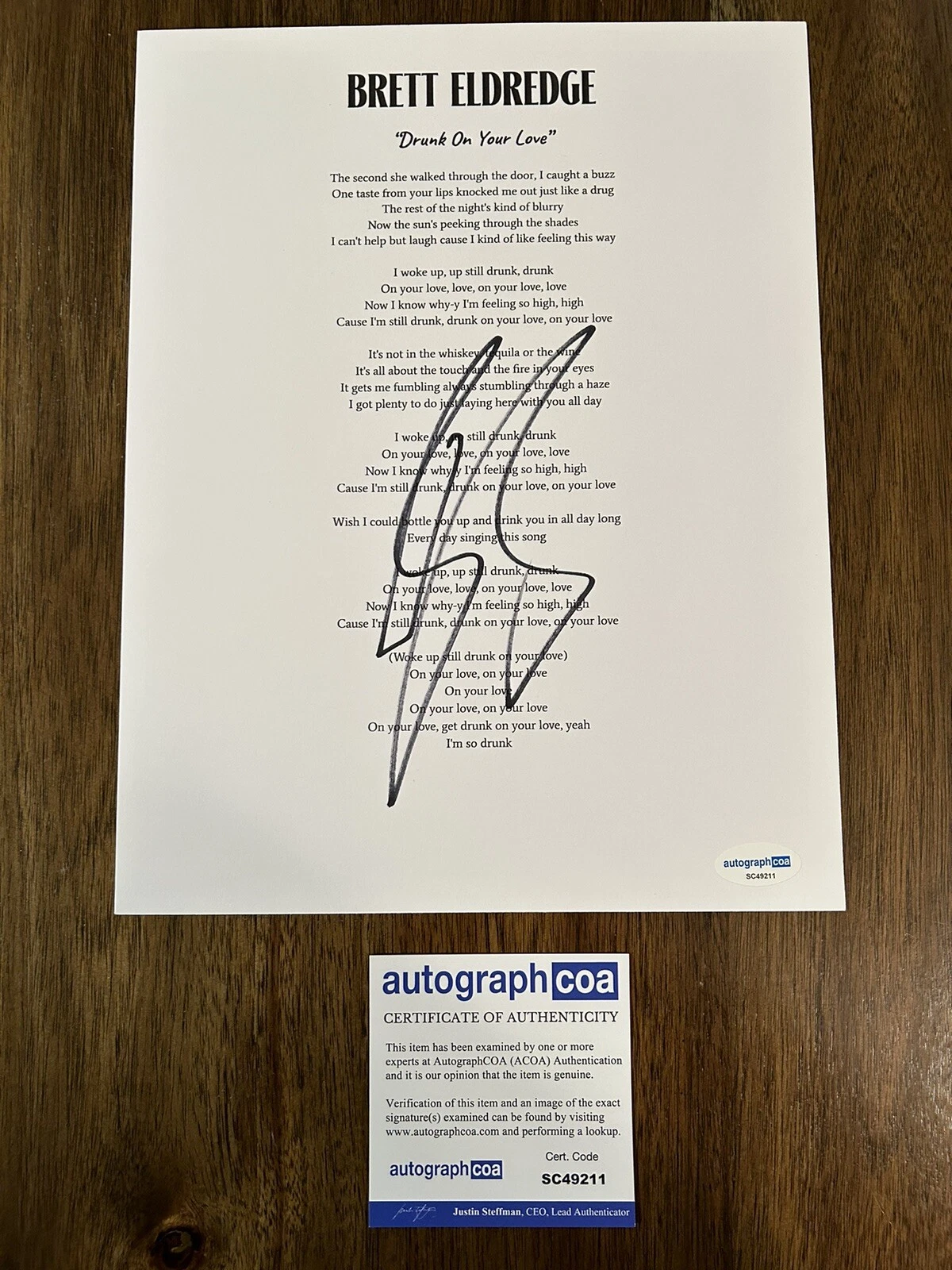 Brett Eldredge 'Drunk On Your Love’ Signed Lyric Sheet Country Singer ACOA
