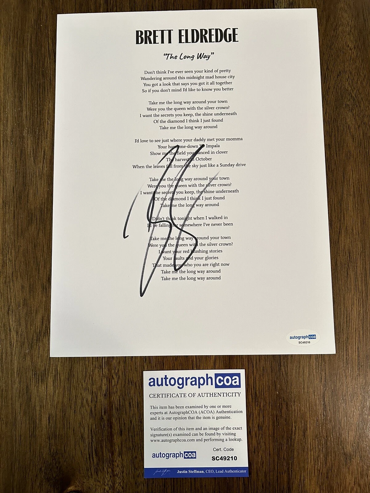 Brett Eldredge 'The Long Way’ Signed Lyric Sheet Country Singer ACOA

