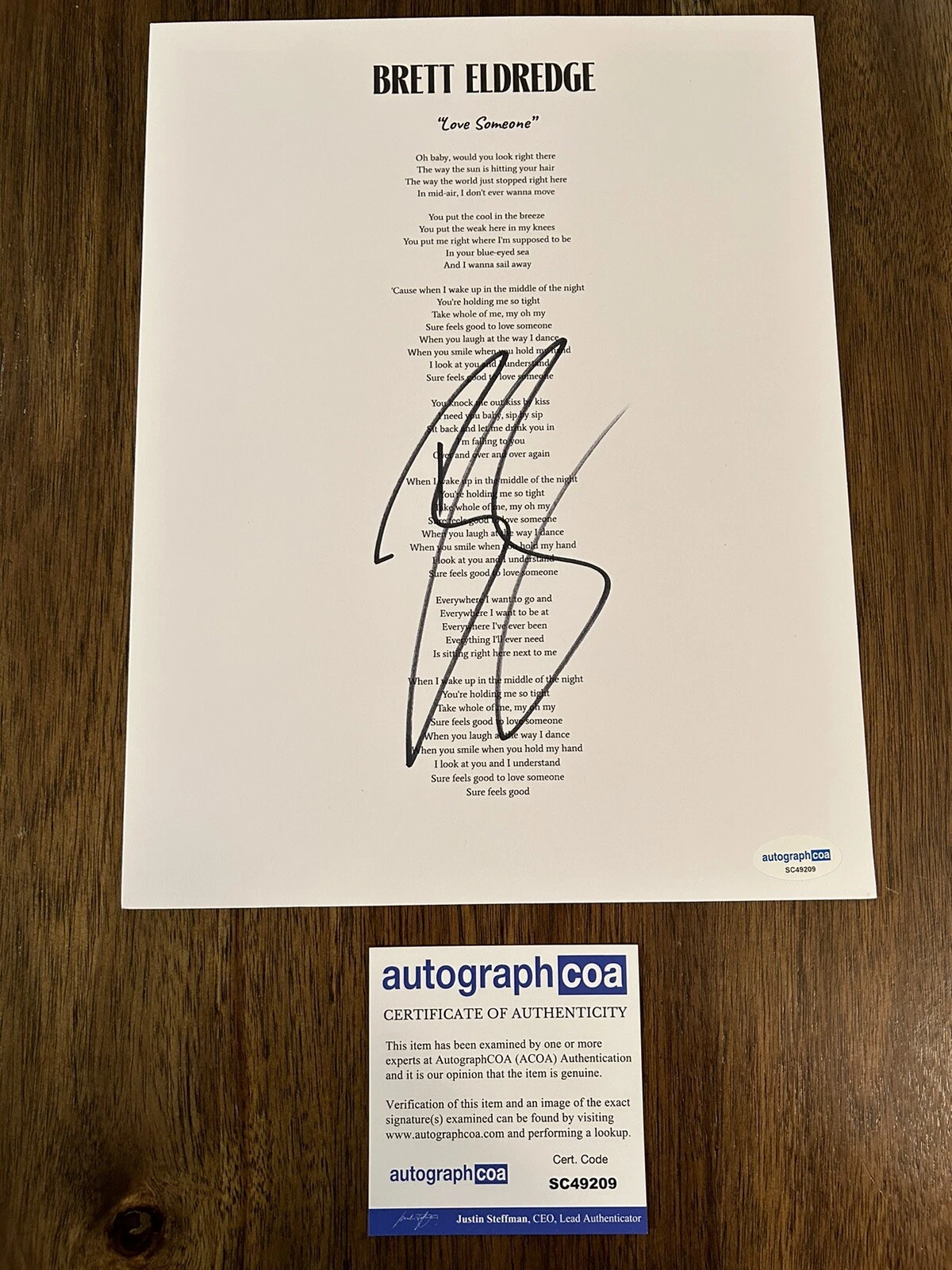 Brett Eldredge 'Love Someone’ Signed Lyric Sheet Country Singer ACOA
