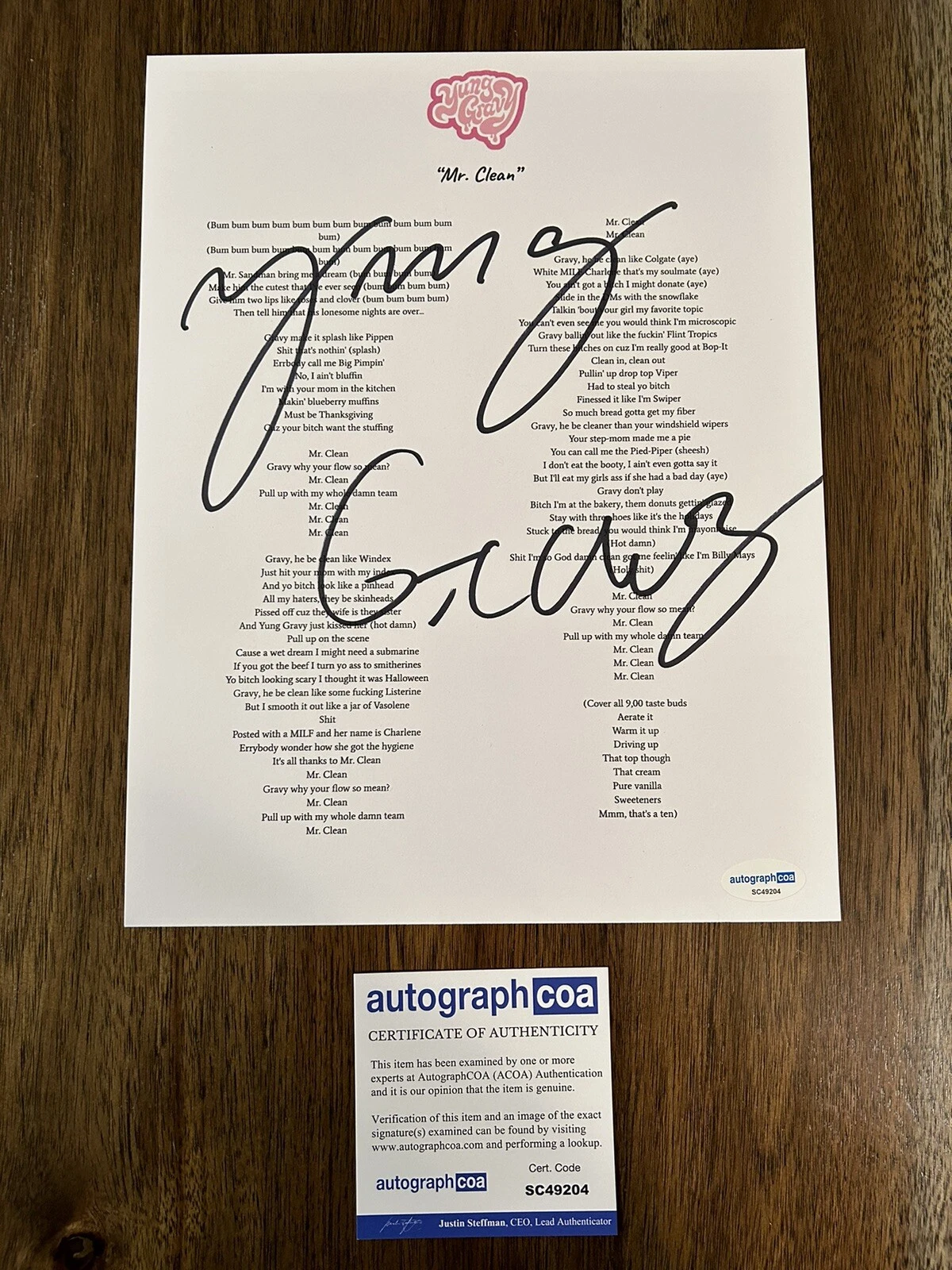 YUNG GRAVY ‘MR. CLEAN’ SIGNED AUTOGRAPH LYRIC SHEET RAPPER ACOA COLLECTIBLE MEMORABILIA