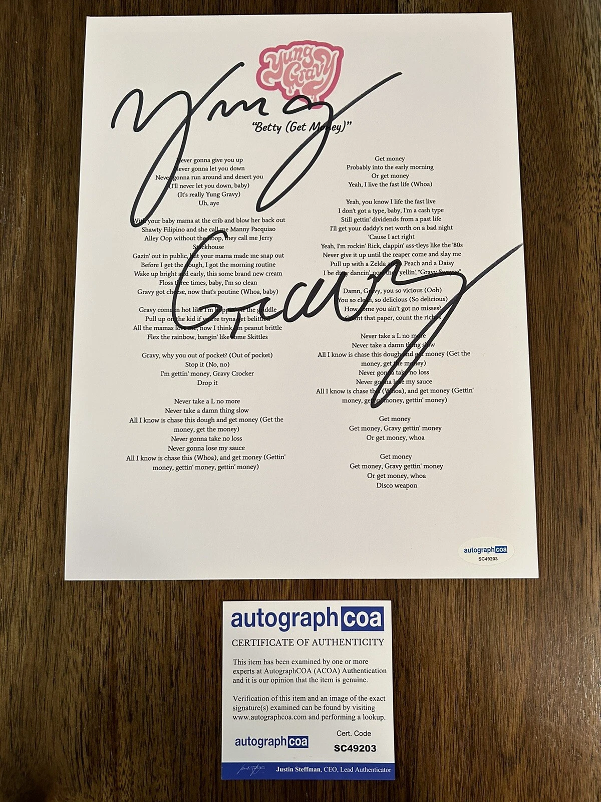 Yung Gravy ‘Betty(Get Money)’ Signed Autograph Lyric Sheet Rapper ACOA
