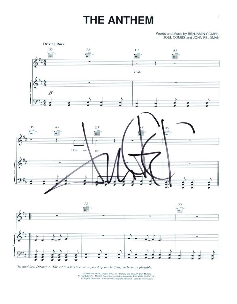Joel Madden Good Charlotte Signed Autograph The Anthem Sheet Music