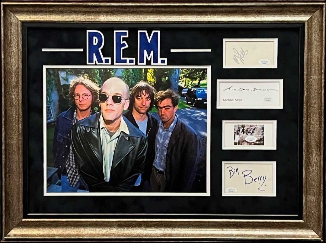 REM Michael Stipe Mills Bill Berry Peter Buck Signed Autograph Photo Display JSA