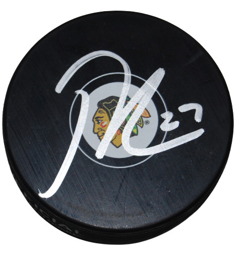 LUKAS REICHEL signed (CHICAGO BLACKHAWKS) Hockey logo puck BECKETT BAS AD27398
