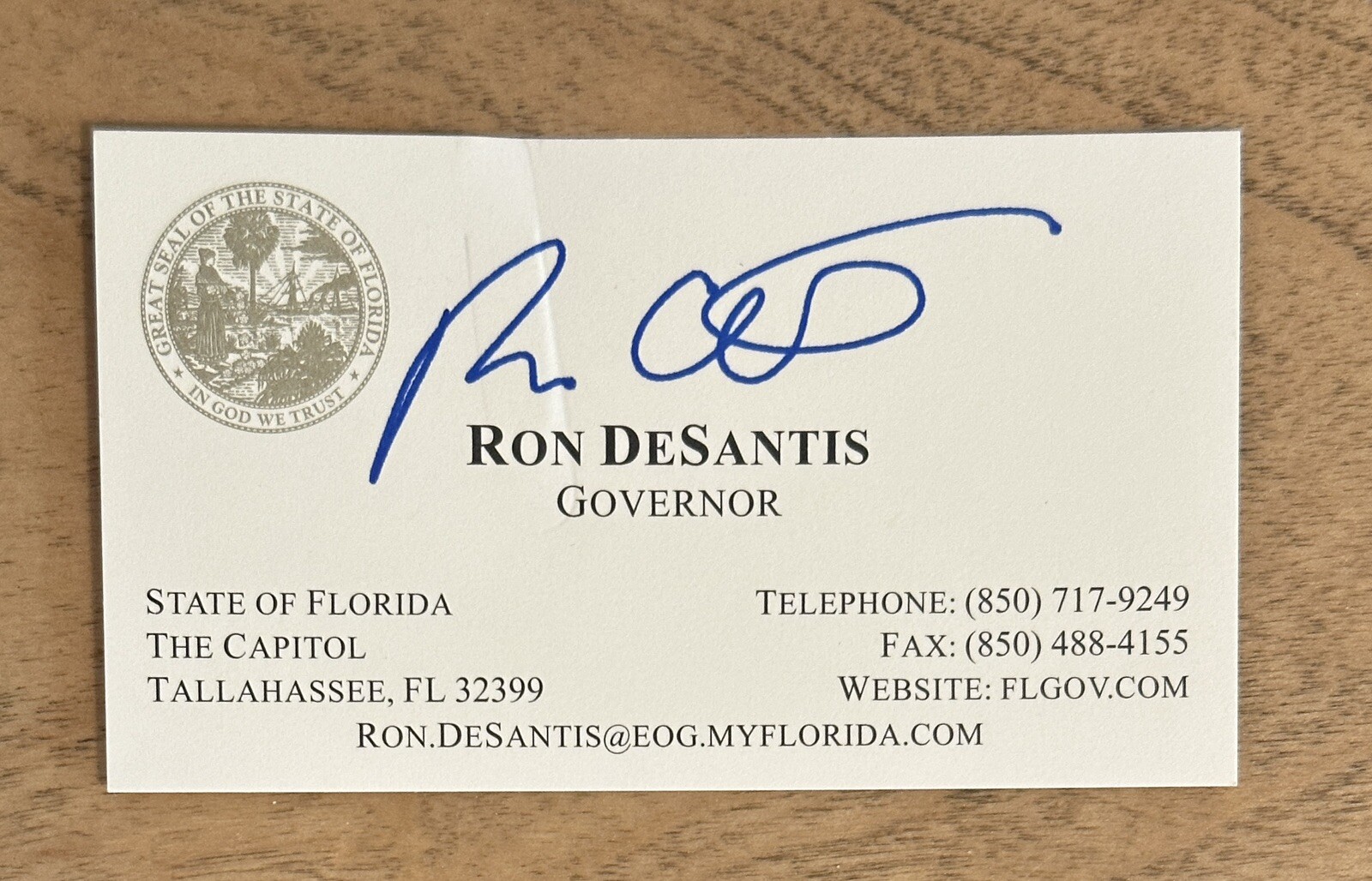 PRESIDENT ? Florida Governor Ron DeSantis AUTOPEN FAKE SIGNED Business Card #2