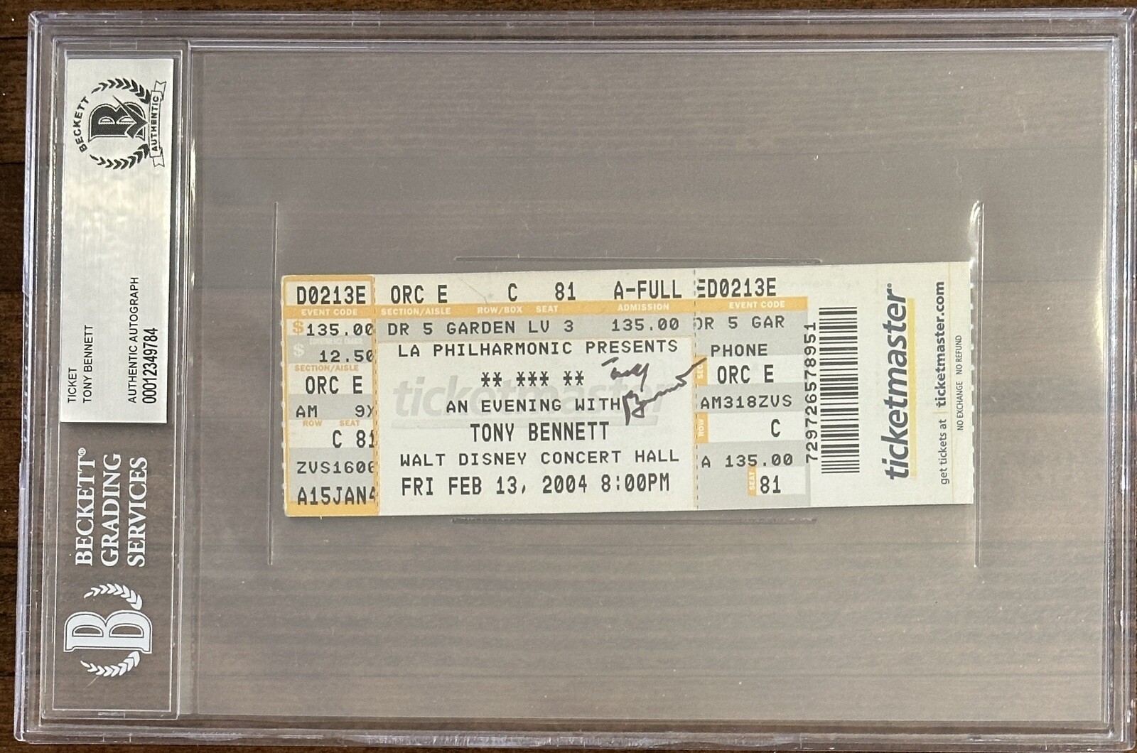 TONY BENNETT SIGNED FULL TICKET AUTOGRAPH BECKETT BAS COA WALT DISNEY CONCERT COLLECTIBLE MEMORABILIA