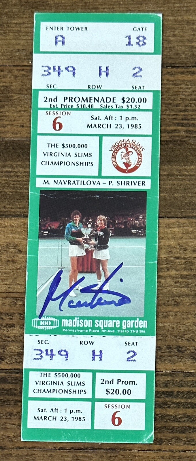 Martina Navratilova Signed Slims Championship Ticket BAS Beckett COA AUTOGRAPH