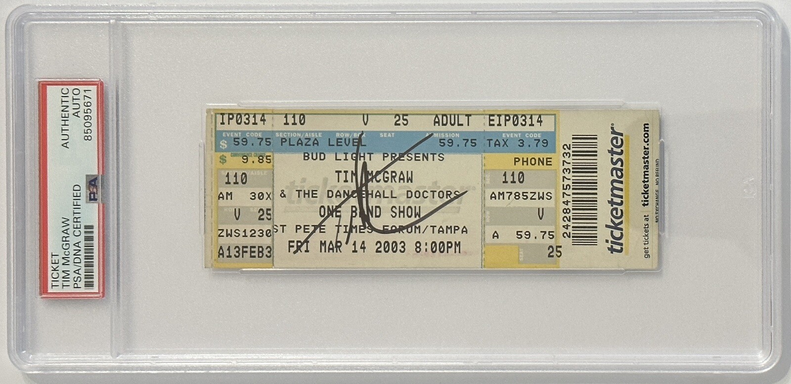 Tim McGraw Signed 2003 Tampa Tour Ticket PSA DNA Certified COA Autographed