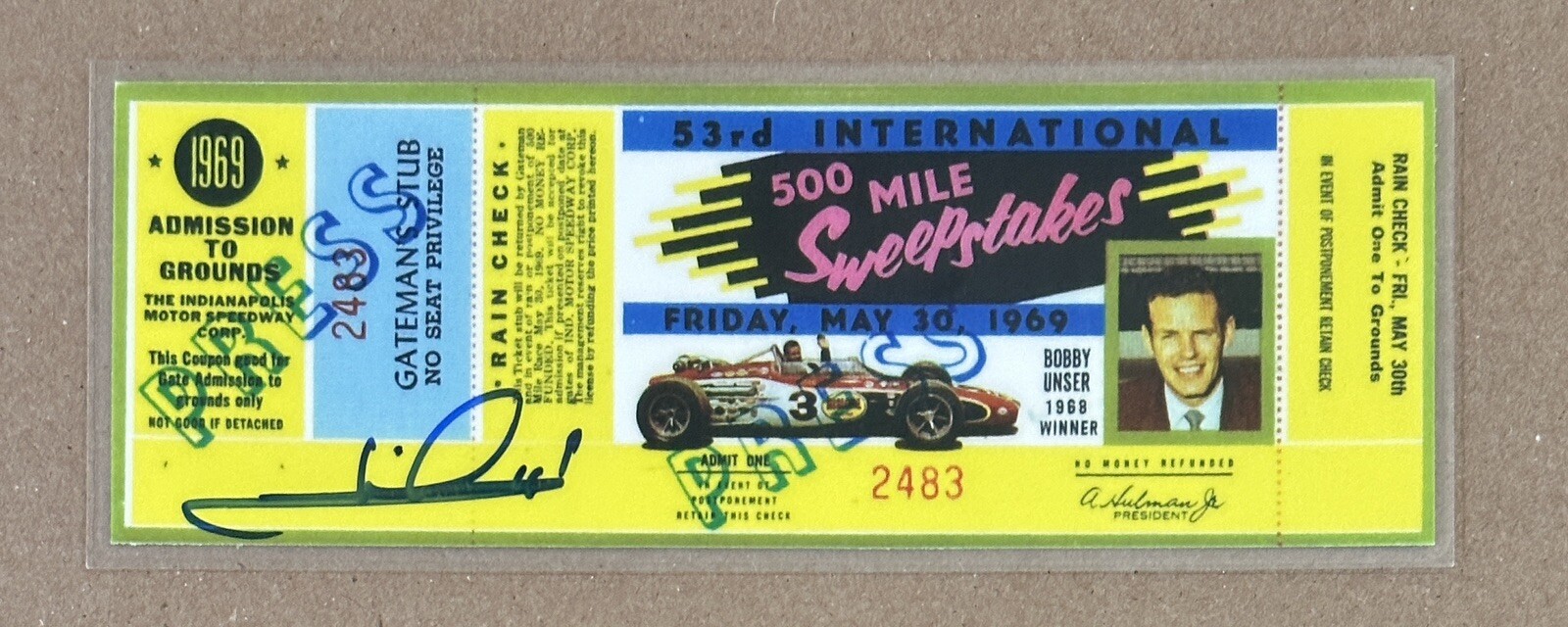 1969 Indy Indianapolis 500 F1 Replica Ticket Signed Mario Andretti Beckett BAS