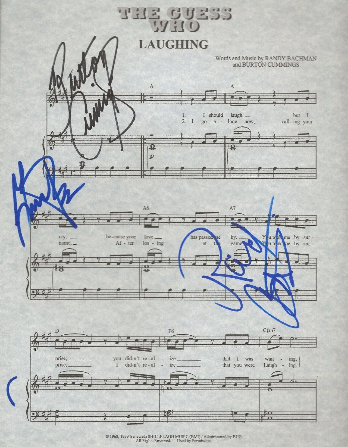 The Guess Who SIGNED Laughing Sheet Music COA Cummings Bachman Peterson