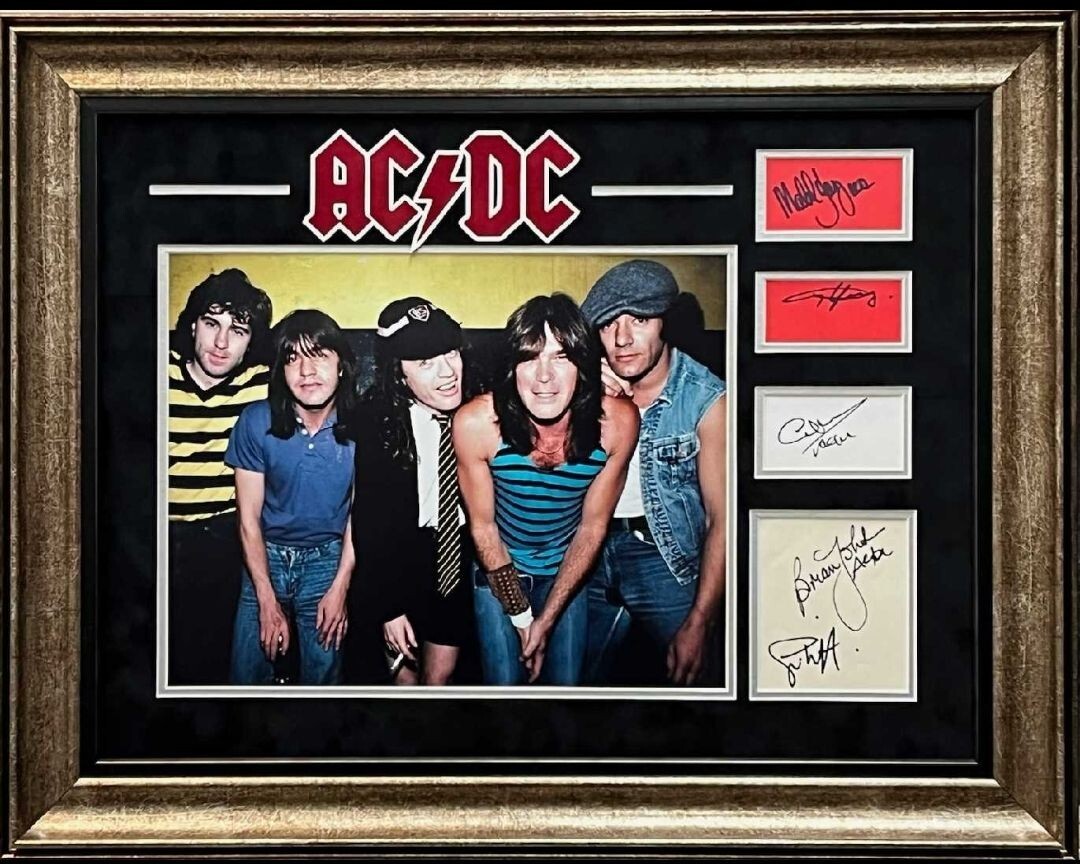 AC/DC Angus Young Malcolm B Johnson S Wright Signed Autograph Photo Display JSA