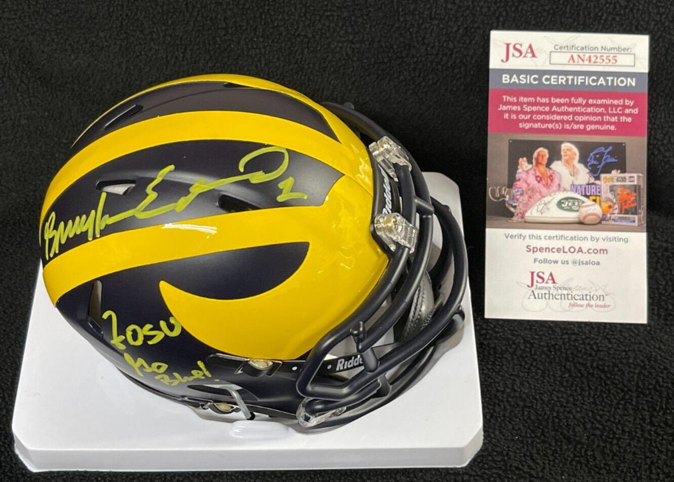 Braylon Edwards Signed & Inscribed F-OSU Michigan Wolverines Mini Helmet JSA COA
