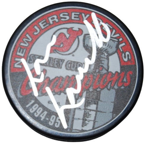 LOU LAMORIELLO signed (NEW JERSEY DEVILS) Hockey logo puck BECKETT BAS AD27384
