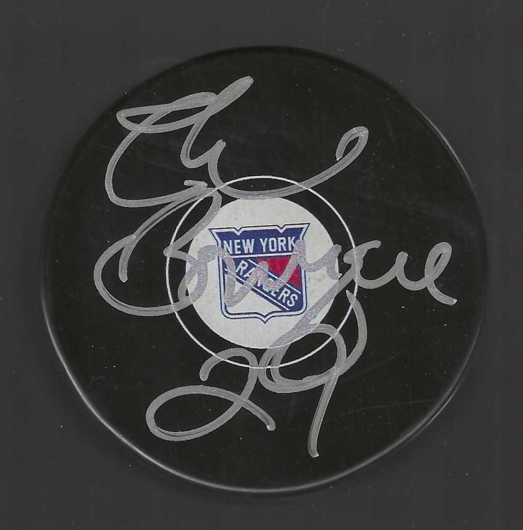 Phil Bourque Signed New York Rangers Puck
