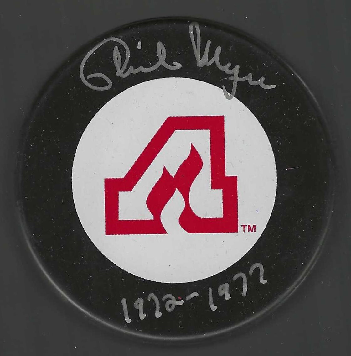 Phil Myre Signed & Inscribed Atlanta Flames Puck
