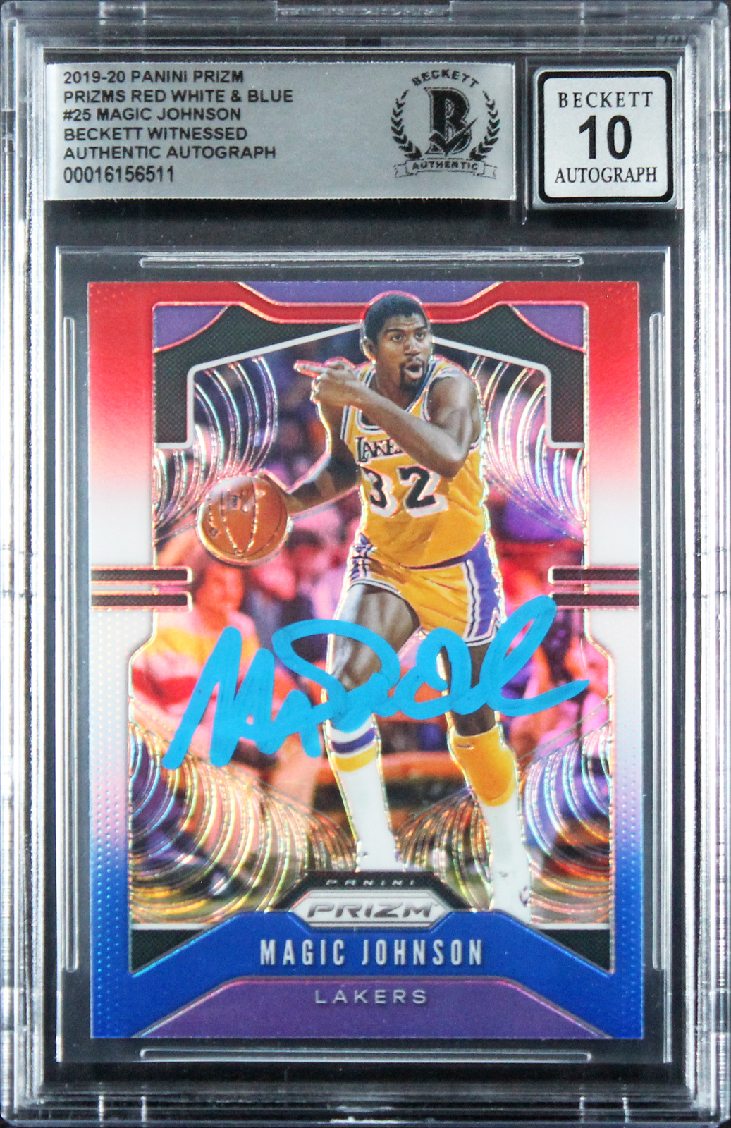 Lakers Magic Johnson Signed 2019 Panini Prizm RW&B #25 Card Auto 10! BAS Slab 2
