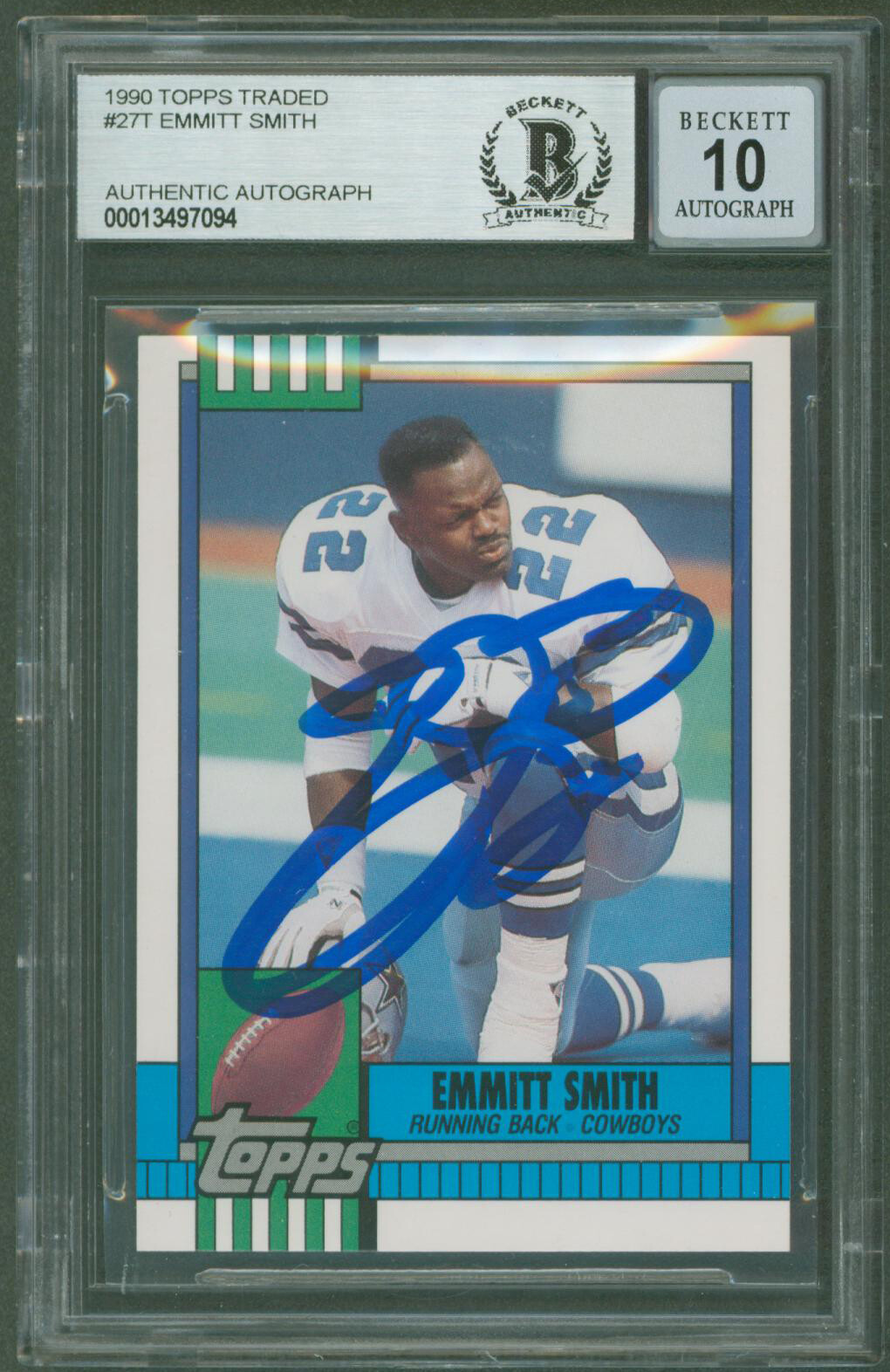 Cowboys Emmitt Smith Signed 1990 Topps Traded #27T Rookie Card Auto 10! BAS Slab
