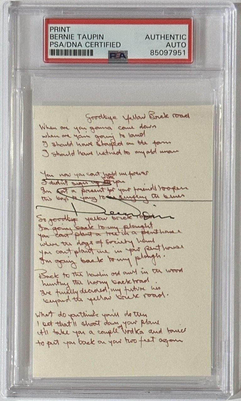 BERNIE TAUPIN SIGNED YELLOW BRICK ROAD LYRICS AUTOGRAPHED PSA DNA COA ELTON JOHN COLLECTIBLE MEMORABILIA