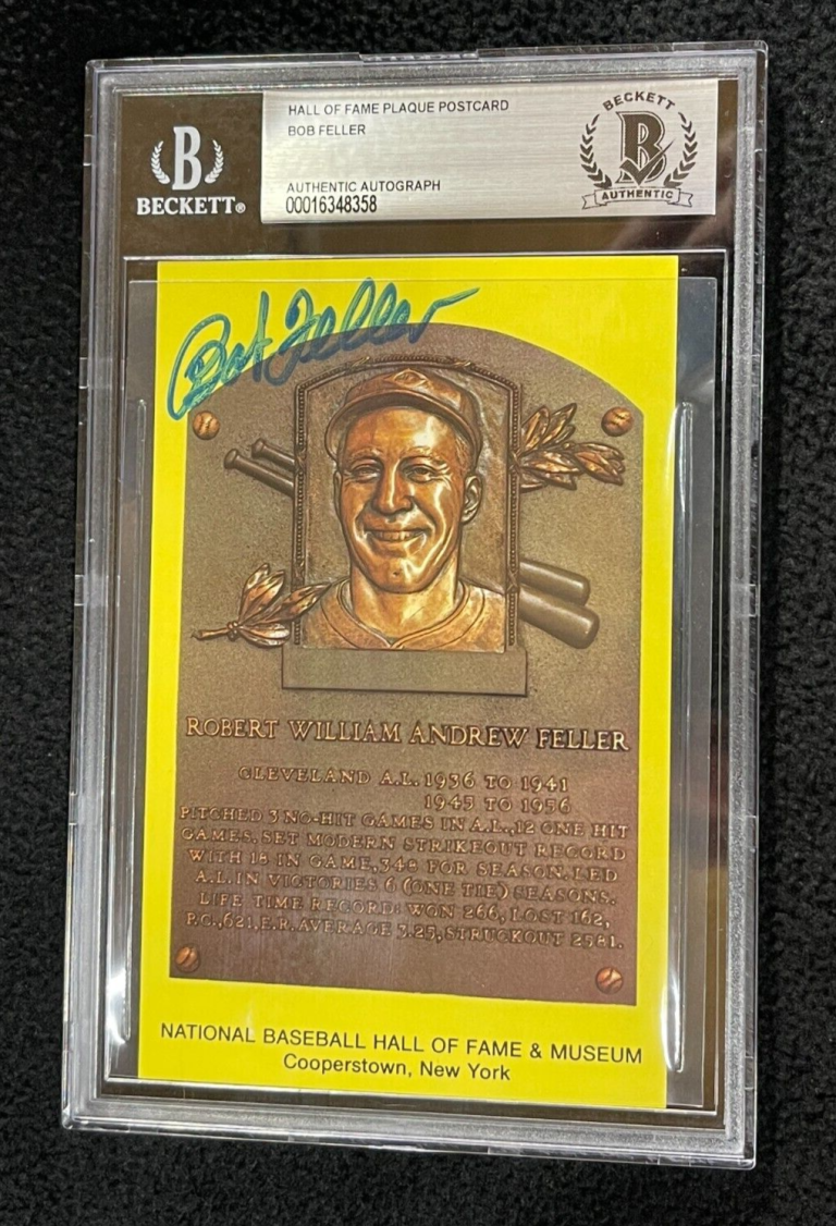 BOB FELLER SIGNED YELLOW HALL OF FAME PLAQUE CARD BECKETT CERTIFIED HOF COLLECTIBLE MEMORABILIA