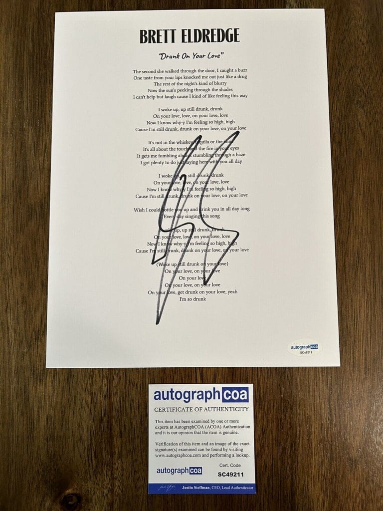 BRETT ELDREDGE ‘DRUNK ON YOUR LOVE’ SIGNED LYRIC SHEET COUNTRY SINGER ACOA
 COLLECTIBLE MEMORABILIA
