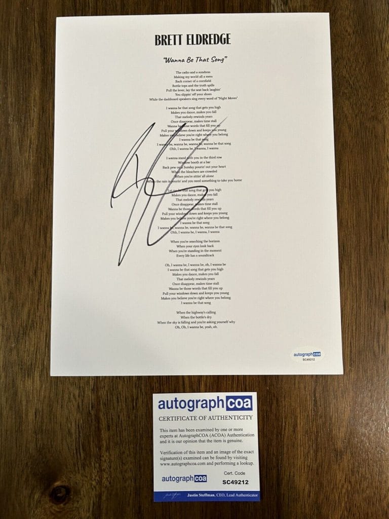 BRETT ELDREDGE ‘WANNA BE THAT SONG’ SIGNED LYRIC SHEET COUNTRY SINGER ACOA
 COLLECTIBLE MEMORABILIA