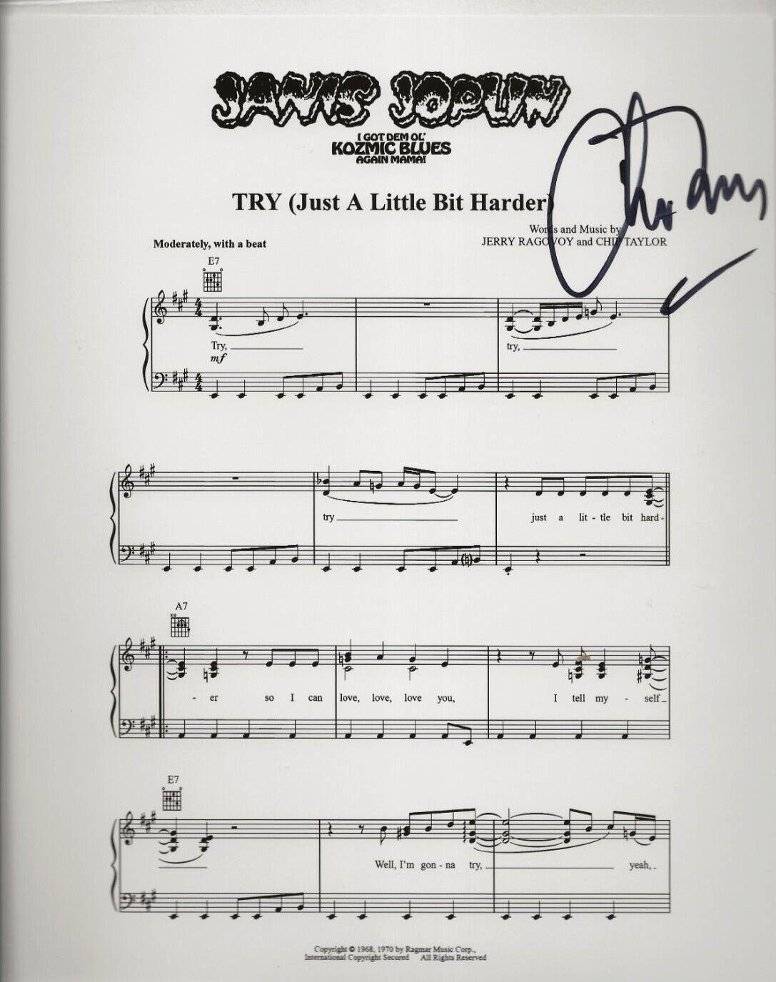 Chip Taylor SIGNED Janis Joplin Try (Just A Little Bit Harder) Sheet Music COA