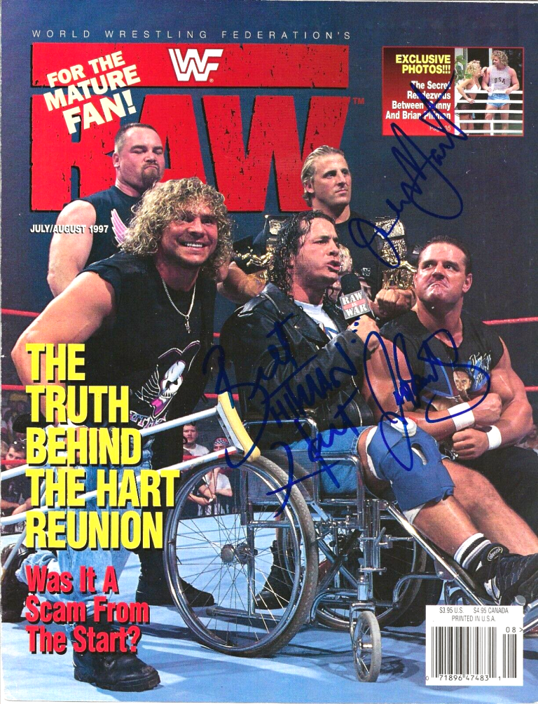 DAVEY BOY SMITH OWEN HART BRET HITMAN HART SIGNED PHOTO JSA LOA BRITISH BULLDOG COLLECTIBLE MEMORABILIA
