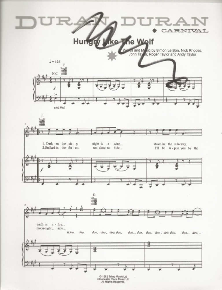 DURAN DURAN SIGNED HUNGRY LIKE THE WOLF SHEET MUSIC COA AUTOGRAPHED JOHN TAYLOR COLLECTIBLE MEMORABILIA