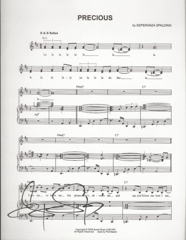 ESPERANZA SPALDING REAL SIGNED PRECIOUS SHEET MUSIC COA AUTOGRAPHED JAZZ COLLECTIBLE MEMORABILIA