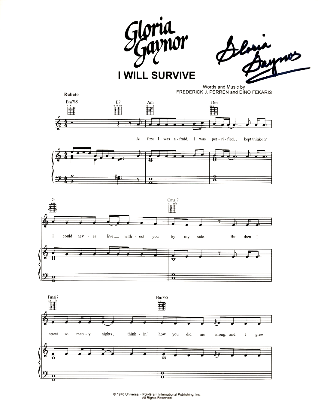 Gloria Gaynor REAL hand SIGNED I Will Survive Sheet Music COA Autographed Disco