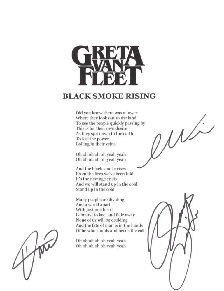GREAT VAN FLEET BAND X3 SIGNED AUTOGRAPH BLACK SMOKE RISING LYRIC SHEET JSA COA COLLECTIBLE MEMORABILIA