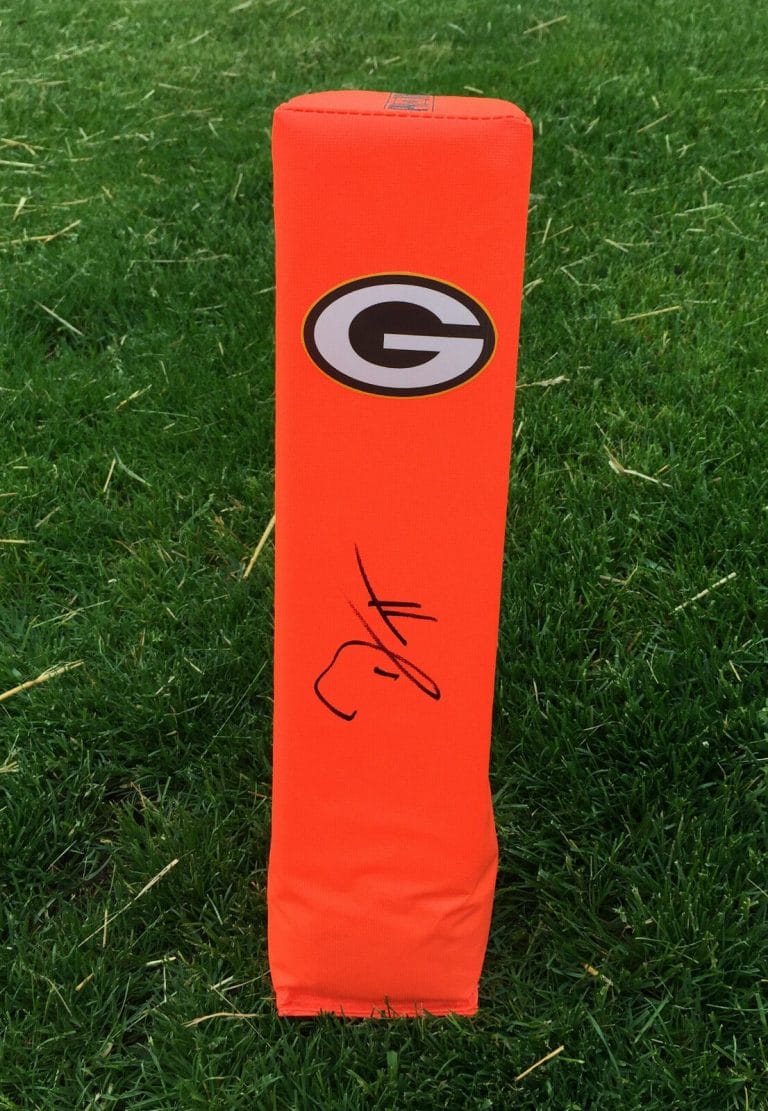 GREEN BAY PACKERS BRETT HUNDLEY SIGNED AUTOGRAPHED FOOTBALL END ZONE PYLON COA!
 COLLECTIBLE MEMORABILIA