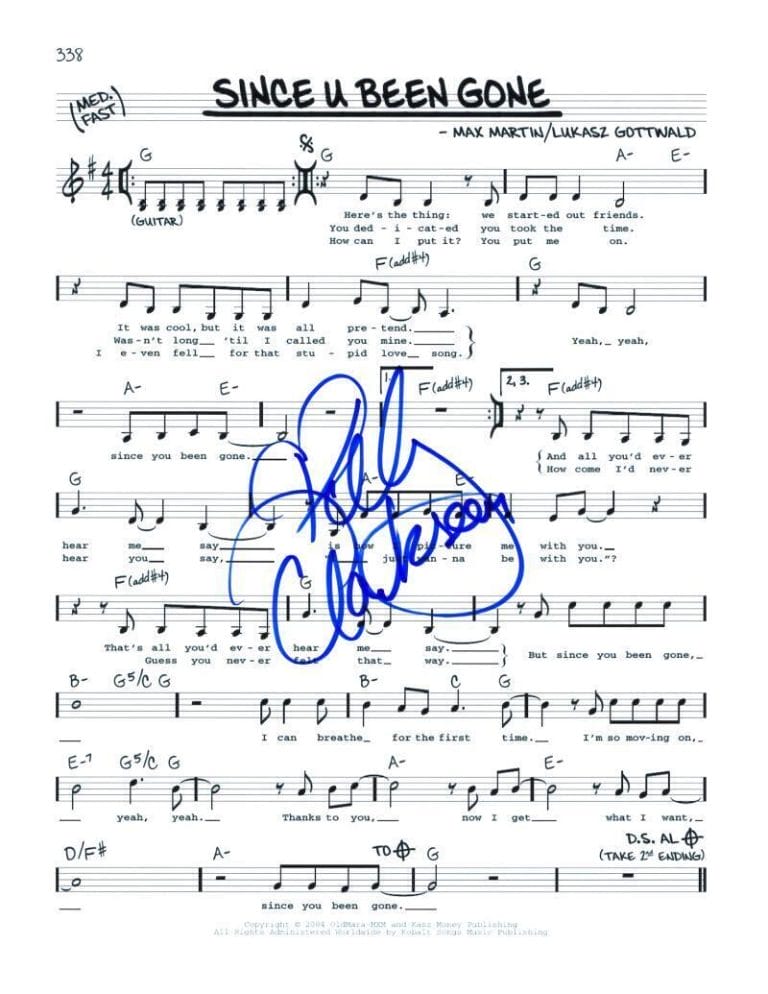 KELLY CLARKSON SIGNED AUTOGRAPH SINCE U BEEN GONE SHEET MUSIC – AMERICAN IDOL COLLECTIBLE MEMORABILIA