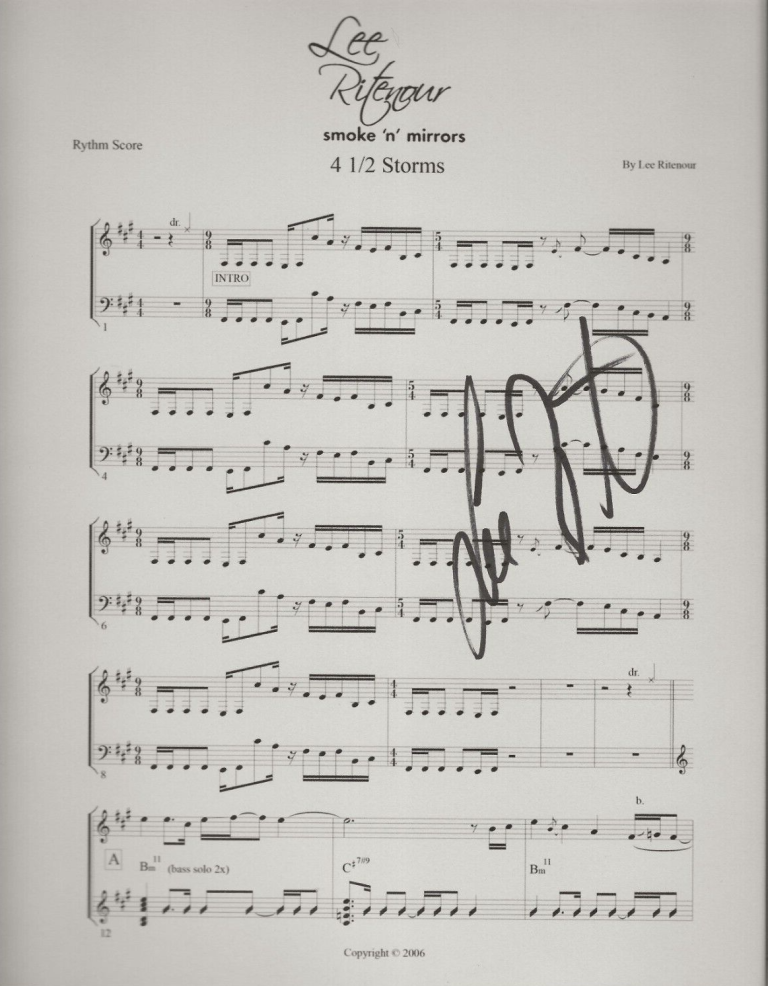 LEE RITENOUR REAL HAND SIGNED SMOKE ‘N’ MIRRORS 4 1/2 STORMS SHEET MUSIC COA COLLECTIBLE MEMORABILIA