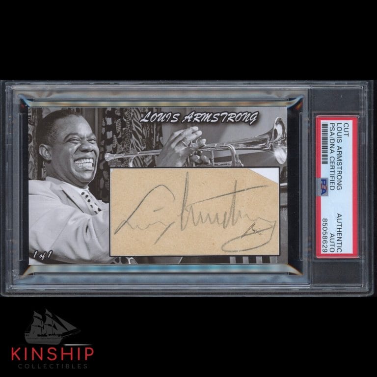 LOUIS ARMSTRONG SIGNED 3×5 CUSTOM CARD CUT PSA DNA SLABBED JAZZ AUTO RARE C2078
 COLLECTIBLE MEMORABILIA