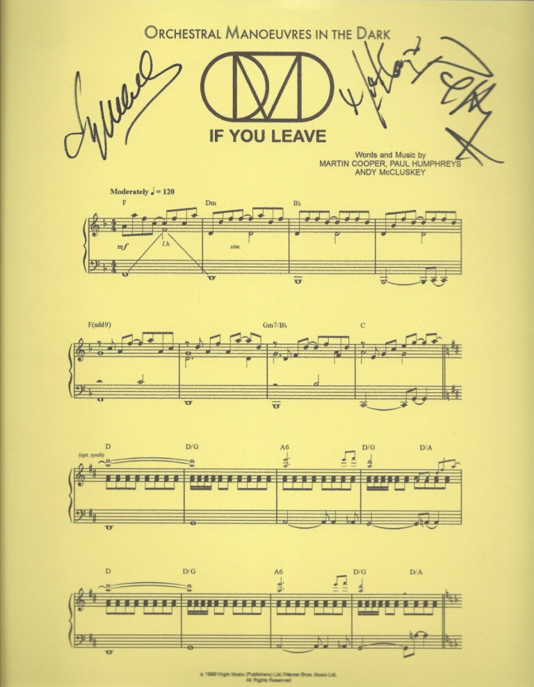 ORCHESTRAL MANOEUVRES IN THE DARK SIGNED IF YOU LEAVE SHEET MUSIC #2 COA OMD COLLECTIBLE MEMORABILIA