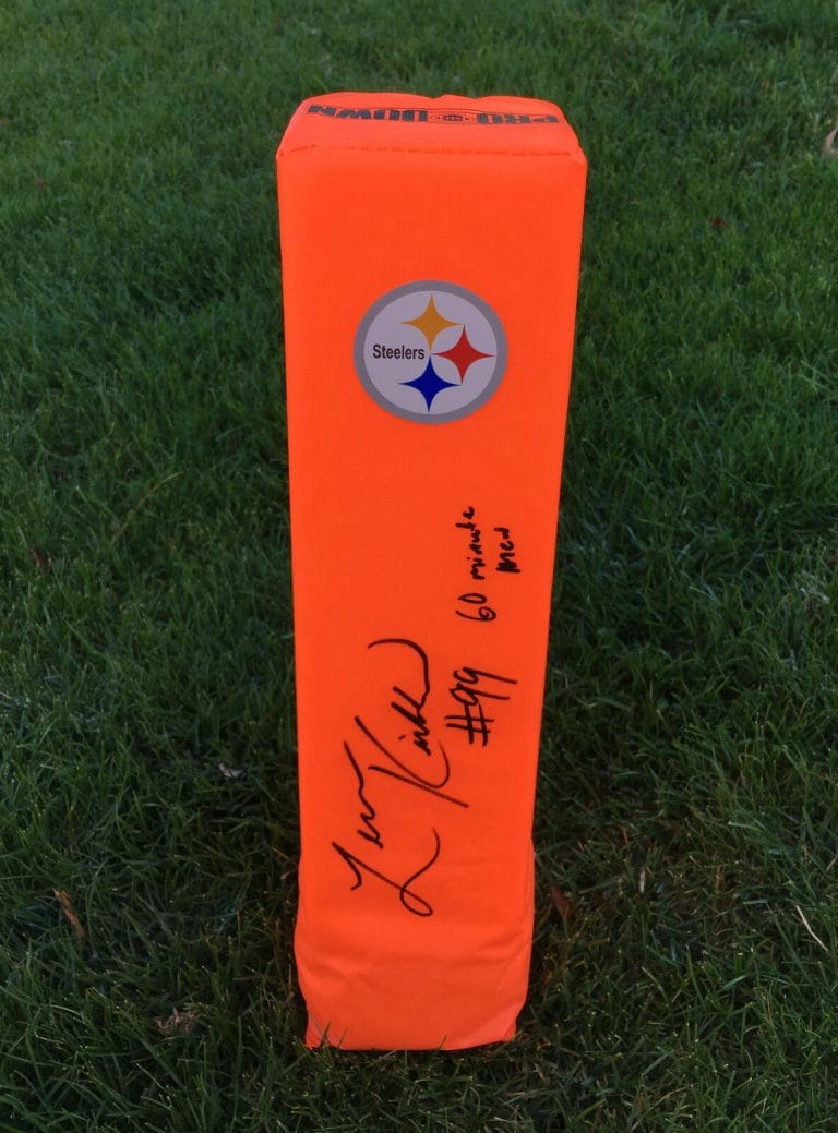 PITTSBURGH STEELERS #99 LEVON KIRKLAND SIGNED AUTOGRAPHED FOOTBALL PYLON COA!
 COLLECTIBLE MEMORABILIA