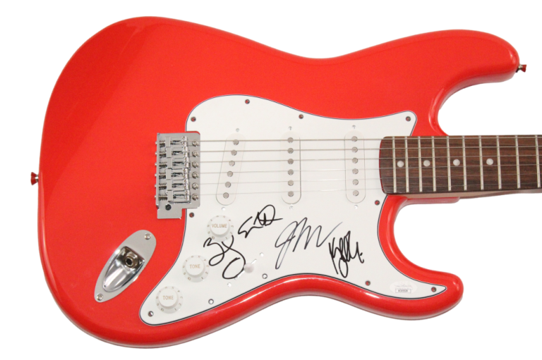 PORTUGAL. THE MAN FULL BAND SIGNED AUTOGRAPH RED FENDER ELECTRIC GUITAR JSA COA COLLECTIBLE MEMORABILIA
