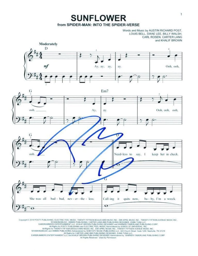 POST MALONE SIGNED AUTOGRAPH SUNFLOWER SHEET MUSIC – FROM INTO THE SPIDER-VERSE COLLECTIBLE MEMORABILIA