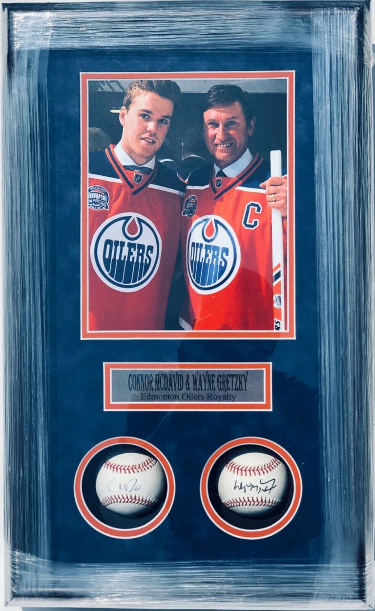 PSA/DNA OILERS CONNOR MCDAVID WAYNE GRETZKY SIGNED AUTOGRAPHED FRAMED BASEBALLS
 COLLECTIBLE MEMORABILIA