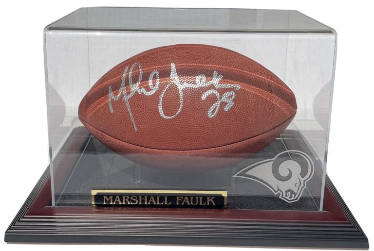 PSA/DNA ST LOUIS RAMS #28 MARSHALL FAULK SIGNED AUTOGRAPHED NFL FOOTBALL W/ CASE
 COLLECTIBLE MEMORABILIA