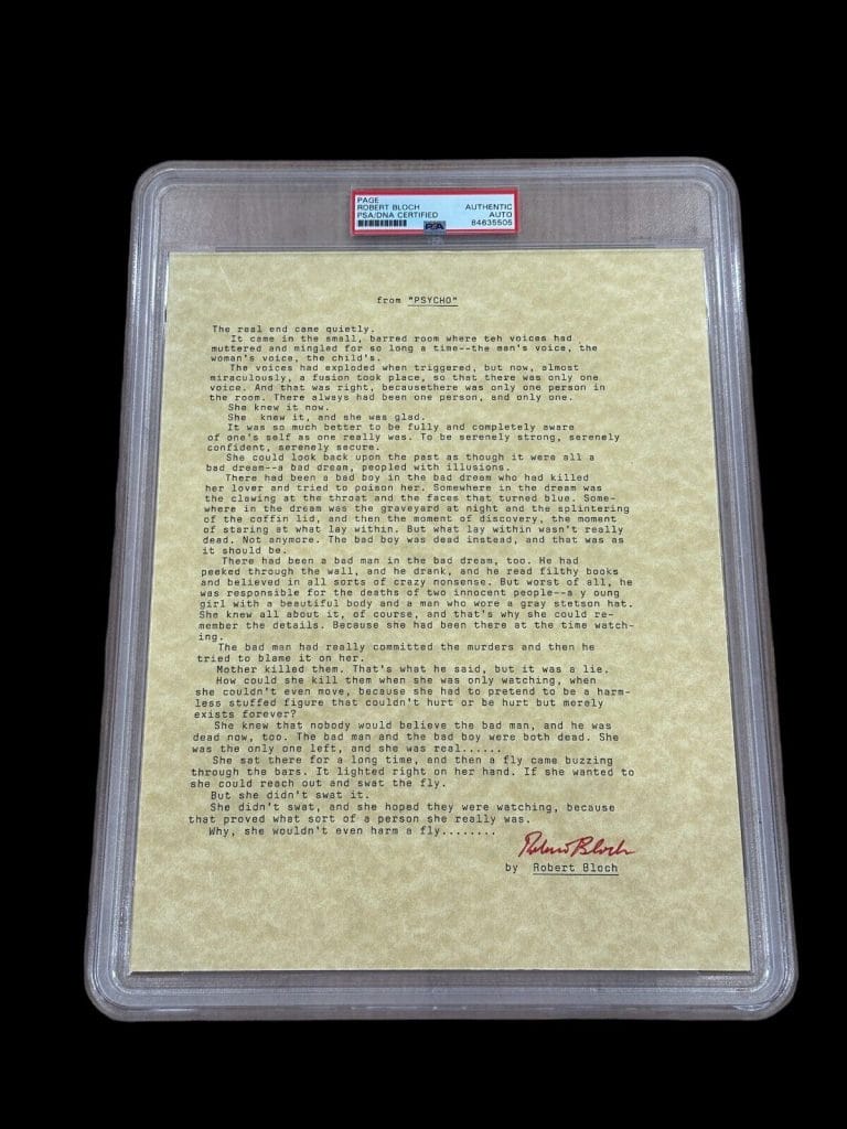 ROBERT BLOCH AUTHOR SIGNED AUTOGRAPH PSYCHO SOUVENIR TYPESCRIPT PSA DNA SLAB
 COLLECTIBLE MEMORABILIA