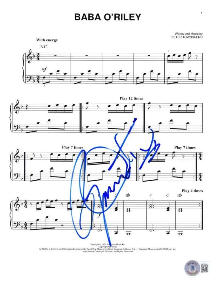 ROGER DALTREY THE WHO SIGNED AUTOGRAPH BABA O’RILEY SHEET MUSIC W/ BECKETT COA COLLECTIBLE MEMORABILIA
